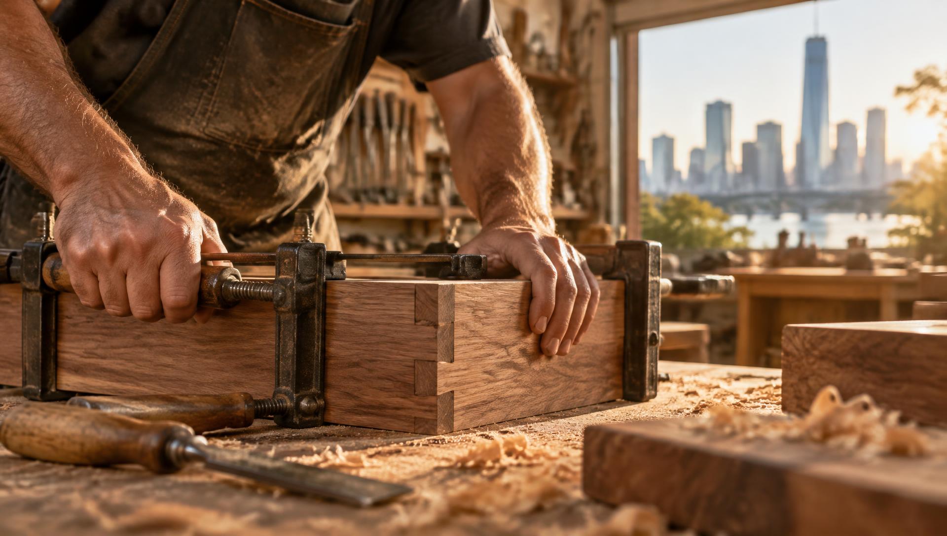 Carpenter clamping a hardwood joint during a Brisbane building project